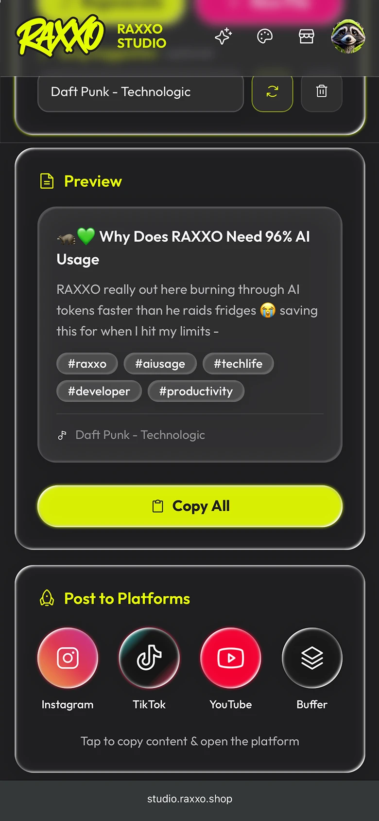 RAXXO Studio - Generated content on mobile